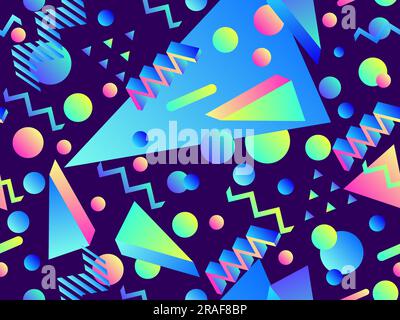 3D geometric seamless pattern in 80s style. 3d isometric shapes with gradient colors. Geometric memphis style. Design for promotional products, wrappi Stock Vector