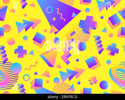 3D geometric seamless pattern in 80s style. 3d isometric shapes with gradient colors. Geometric memphis style. Design for promotional products, wrappi Stock Vector