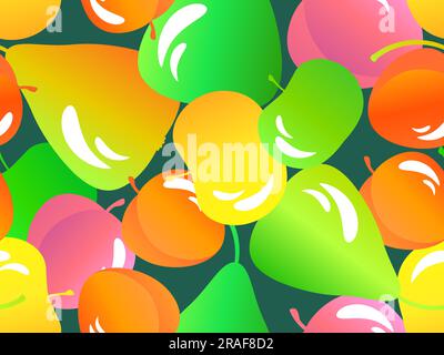 Seamless pattern with apples, pears and peaches. Summer exotic fruit mix with peaches, pears and apples with gradient colors in 3d style. Design for b Stock Vector