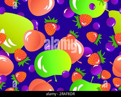 Seamless pattern with apple, peach, strawberry, blueberry, pear. Summer exotic fruit mix with gradient colors in 3d style. Design for banner, poster a Stock Vector