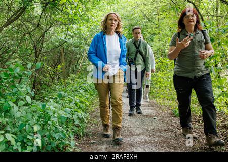 Ebrach, Germany. 03rd July, 2023. Steffi Lemke (l, Bündnis 90/Die Grünen), Federal Minister for the Environment, Nature Conservation, Nuclear Safety and Consumer Protection, visits the Steigerwald and learns about the rare red beech primeval forest stands that occur there, accompanied by Ulla Reck, Friends of the Steigerwald National Park. Credit: Daniel Karmann/dpa/Alamy Live News Stock Photo