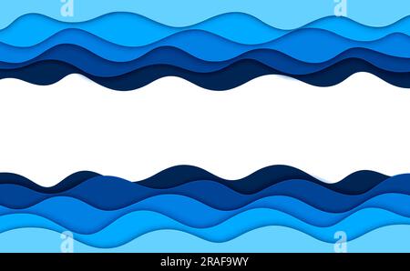 Paper cut sea waves, horizontal frame with blue and turquoise wavy shapes and empty copy space. Template for coastal decor with touch of nautical charm, capturing essence of the ocean, origami border Stock Vector