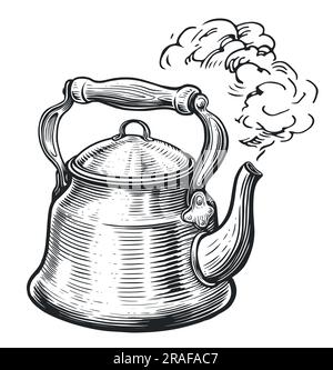 Boiling retro kettle style old engraving. Sketch vintage vector illustration Stock Vector