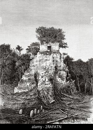 Ruins of the ancient Mayan city of Tikal, Guatemala. Central America. Trip To The Yucatan And The Land Of The Lacandons By Désiré Charnay 1880. Old 19th century engraving from Le Tour du Monde 1906 Stock Photo