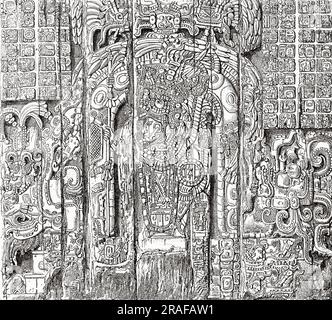 Altar background of a temple dedicated to the Sun at Tikal, Guatemala. Central America. Trip To The Yucatan And The Land Of The Lacandons By Désiré Charnay 1880. Old 19th century engraving from Le Tour du Monde 1906 Stock Photo