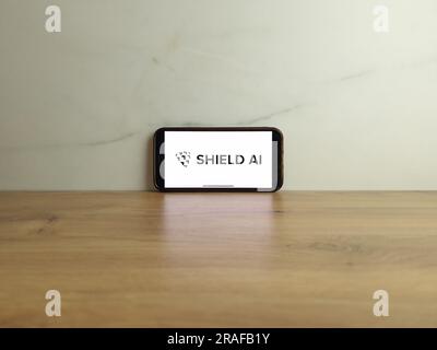 Konskie, Poland - July 01, 2023: Shield AI aerospace technology company logo displayed on mobile phone screen Stock Photo