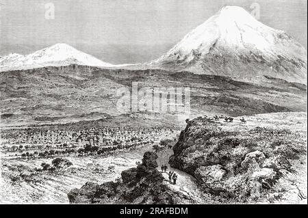 Cityscape of La Paz, Bolivia, South America. Journey in search of the remains of the Crevaux mission by Émile-Arthur Thouar 1884. Old 19th century engraving from Le Tour du Monde 1906 Stock Photo