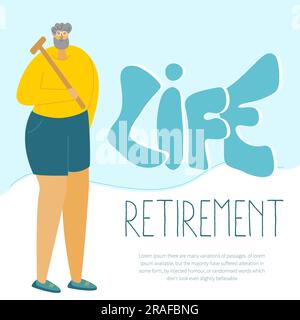The happy elderly man, silver character, senior holds the wooden croquet set, hammer and bal. Illustration with lettering Retirement LIFE. The Stock Vector