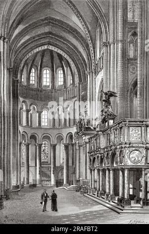 Nave of the Cathedral of Notre-Dame, Tournai, Hainaut province. Belgium, Europe. Journey to Belgium by Camille Lemonnier. Old 19th century engraving from Le Tour du Monde 1906 Stock Photo