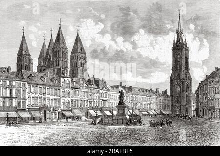 Beffroi tower in the Grand Place. Tournai, Hainaut province. Belgium, Europe. Journey to Belgium by Camille Lemonnier. Old 19th century engraving from Le Tour du Monde 1906 Stock Photo