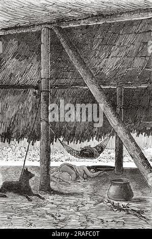 Interior of a traditional Indian hut in the Samiria river. Peru, South America. Amazon and mountain ranges by Charles Wiener Mahler, 1879-1882. Old 19th century engraving from Le Tour du Monde 1906 Stock Photo