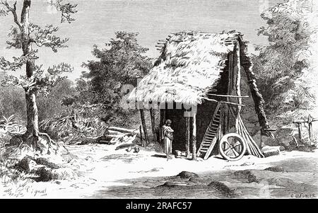 Traditional hut in the village of Rioja. Peru, South America. Amazon and mountain ranges by Charles Wiener Mahler, 1879-1882. Old 19th century engraving from Le Tour du Monde 1906 Stock Photo