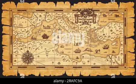Old antique vintage map of Mediterranean Sea. Sea monster, compass
