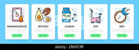 Mobile app onboarding screen, keto diet, fitness, vitamins, gym and rest, vector application templates. Healthcare onboarding screen with line icons of gym exercises, diet and healthy eating plan Stock Vector