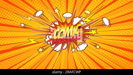 Orange and yellow comic pop art background with blast explosion and comics bubble. Cartoon vector popart poster in retro comics book style with burst explode cloud, light flashes, stars and rays Stock Vector