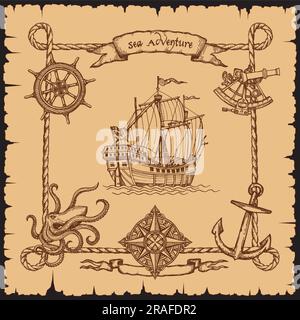 Vintage pirate vessel ship with rope frame border, sketches of anchor, helm, old sea map compass and sextant, octopus and wind rose. Vector engraved sailboat, caravel or frigate with flags and sails Stock Vector