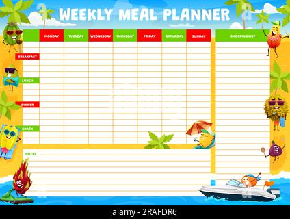 Weekly meal planner, cartoon fruit western cowboy, ranger, sheriff and ...