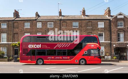 First Eastern Counties cross-country bus between Peterborough and Norwich.  Seen entering King's Lynn. Stock Photo