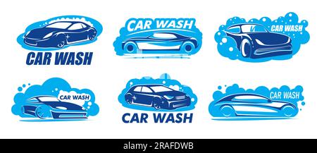 Car wash icons with vector clean autos, soap foam and bubbles. Carwash or auto wash service isolated blue symbols set of shining automobiles, motor vehicle cleaning service emblems and badges Stock Vector