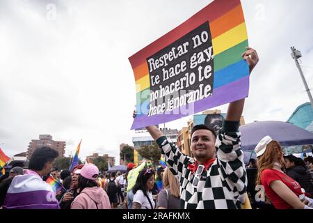 Bogota, Colombia. 02nd July, 2023. Demonstrators hold banners and pride flags during the International Pride Parade in Bogota, Colombia, July 2, 2023. Photo by: Wendy P. Romero/Long Visual Press Credit: Long Visual Press/Alamy Live News Stock Photo