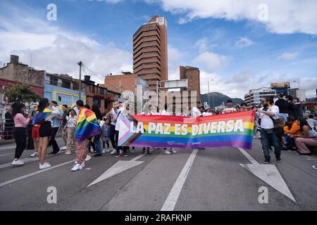 Bogota, Colombia. 02nd July, 2023. Demonstrators hold banners and pride flags during the International Pride Parade in Bogota, Colombia, July 2, 2023. Photo by: Wendy P. Romero/Long Visual Press Credit: Long Visual Press/Alamy Live News Stock Photo