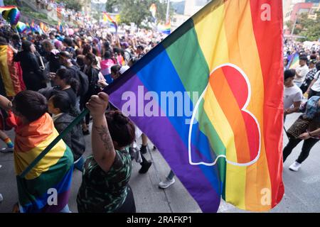 Bogota, Colombia. 02nd July, 2023. Demonstrators hold banners and pride flags during the International Pride Parade in Bogota, Colombia, July 2, 2023. Photo by: Wendy P. Romero/Long Visual Press Credit: Long Visual Press/Alamy Live News Stock Photo