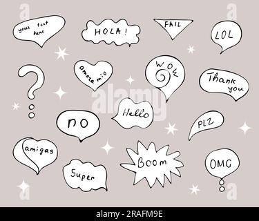 Hand drawn talking balloons with handwritten text. Speech bubble vector doodles. Set of speech and thought communication bubbles. Stock Vector