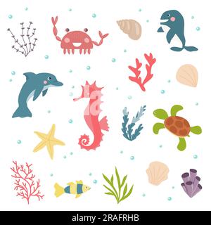 Vector illustration of seaweeds and sea animals. Underwater life set ...