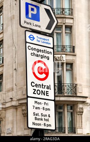 London, England, UK - 27 June 2023: Road sign in central London marking the boundary of the central zone for the congestion charge. Stock Photo