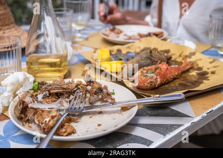 Fish bones are left after finishing the meal at the restaurant Stock Photo