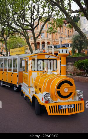 GRASSE, FRANCE -17 APR 2023- View of the Little Tourist Train from the Fragonard perfume museum and factory in Grasse, Provence, France. Stock Photo