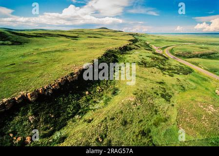 Aerial image of Head-Smashed-In Buffalo Jump Provincial Park, Alberta, Canada Stock Photo