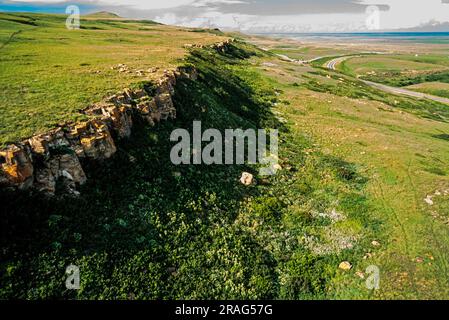 Aerial image of Head-Smashed-In Buffalo Jump Provincial Park, Alberta, Canada Stock Photo