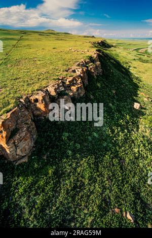 Aerial image of Head-Smashed-In Buffalo Jump Provincial Park, Alberta, Canada Stock Photo