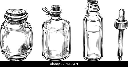Glass bottles with pipette for cosmetics, oils, serum. The illustration is graphic hand-drawn. Eps vector, isolated objects on white background Stock Vector