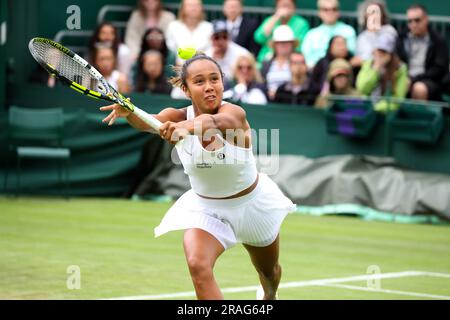 Wimbledon. Canada's Leylah Fernandez in action during her first round match against Katerina Baindl of, Ukraine. 03rd July, 2023. during opening day at Wimbledon. Credit: Adam Stoltman/Alamy Live News Stock Photo