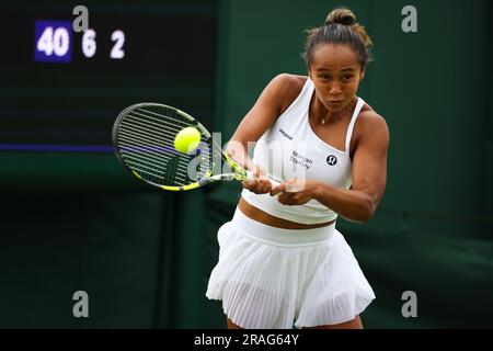 Wimbledon. Canada's Leylah Fernandez in action during her first round match against Katerina Baindl of, Ukraine. 03rd July, 2023. during opening day at Wimbledon. Credit: Adam Stoltman/Alamy Live News Stock Photo