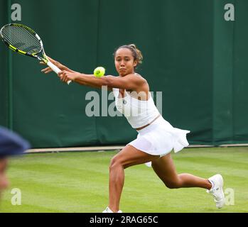 Wimbledon. Canada's Leylah Fernandez in action during her first round match against Katerina Baindl of, Ukraine. 03rd July, 2023. during opening day at Wimbledon. Credit: Adam Stoltman/Alamy Live News Stock Photo