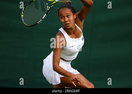 Wimbledon. Canada's Leylah Fernandez in action during her first round match against Katerina Baindl of, Ukraine. 03rd July, 2023. during opening day at Wimbledon. Credit: Adam Stoltman/Alamy Live News Stock Photo