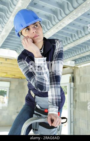 female builder on stepladder making telephone call Stock Photo
