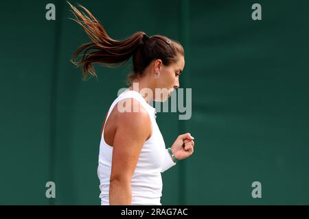 3rd July 2023; All England Lawn Tennis and Croquet Club, London, England: Wimbledon Tennis Tournament; Jodie Burrage during her match with Caty McNally Stock Photo