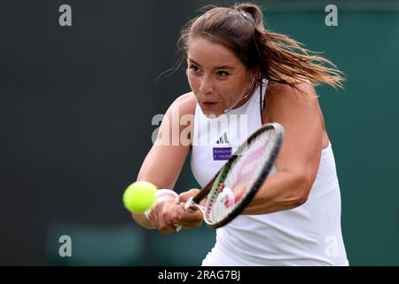 3rd July 2023; All England Lawn Tennis and Croquet Club, London, England: Wimbledon Tennis Tournament; Jodie Burrage during her match with Caty McNally Stock Photo