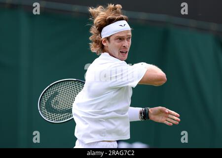 3rd July 2023; All England Lawn Tennis and Croquet Club, London, England: Wimbledon Tennis Tournament; Andrey Rublev during his match with Max Purcell Stock Photo