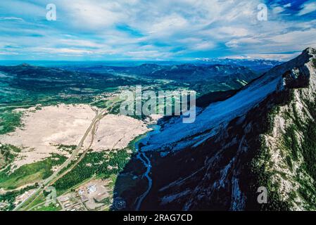 Aerial image of Turtle Mountain, Frank Slide, rockslide, Alberta, Canada Stock Photo