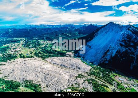 Aerial image of Turtle Mountain, Frank Slide, rockslide, Alberta, Canada Stock Photo