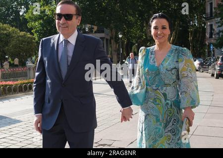 Pedro J. Ramírez and Cruz Sánchez de Lara attends the premiere of the opera TURANDOT at the Teatro Real in Madrid on July 3, 2023 Spain Stock Photo