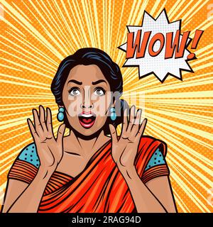 Vector Banner with Indian Surprised Woman Holding Hands, Arms, Palms Near Her Cheeks in Pop Art Comic Style. Advertising Poster for Sale, Discount Stock Vector