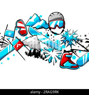Pattern with snowboarding items. Winter sport illustration. Stock Vector