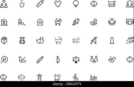 Child and family line icons: marriage, pregnancy, adoption, happy child, toy, parents, old age, home care, death. Modern vector illustration. Stock Vector