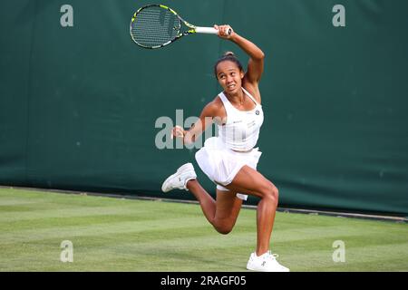 Wimbledon. Canada's Leylah Fernandez in action during her first round match against Katerina Baindl of, Ukraine. 03rd July, 2023. during opening day at Wimbledon. Credit: Adam Stoltman/Alamy Live News Stock Photo